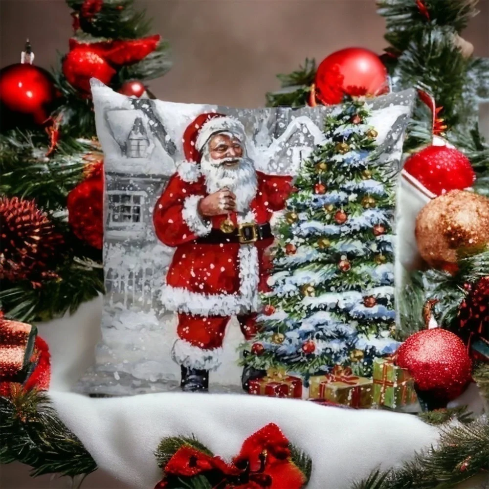 HOLIDAY SANTA SNOWING CHRISTMAS TREE PILLOW COVER